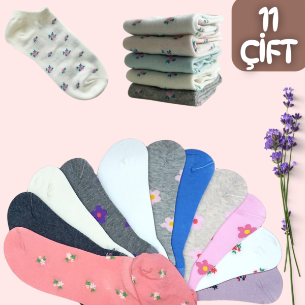 Penye Çiçek Desen Patik Çorap 11 li